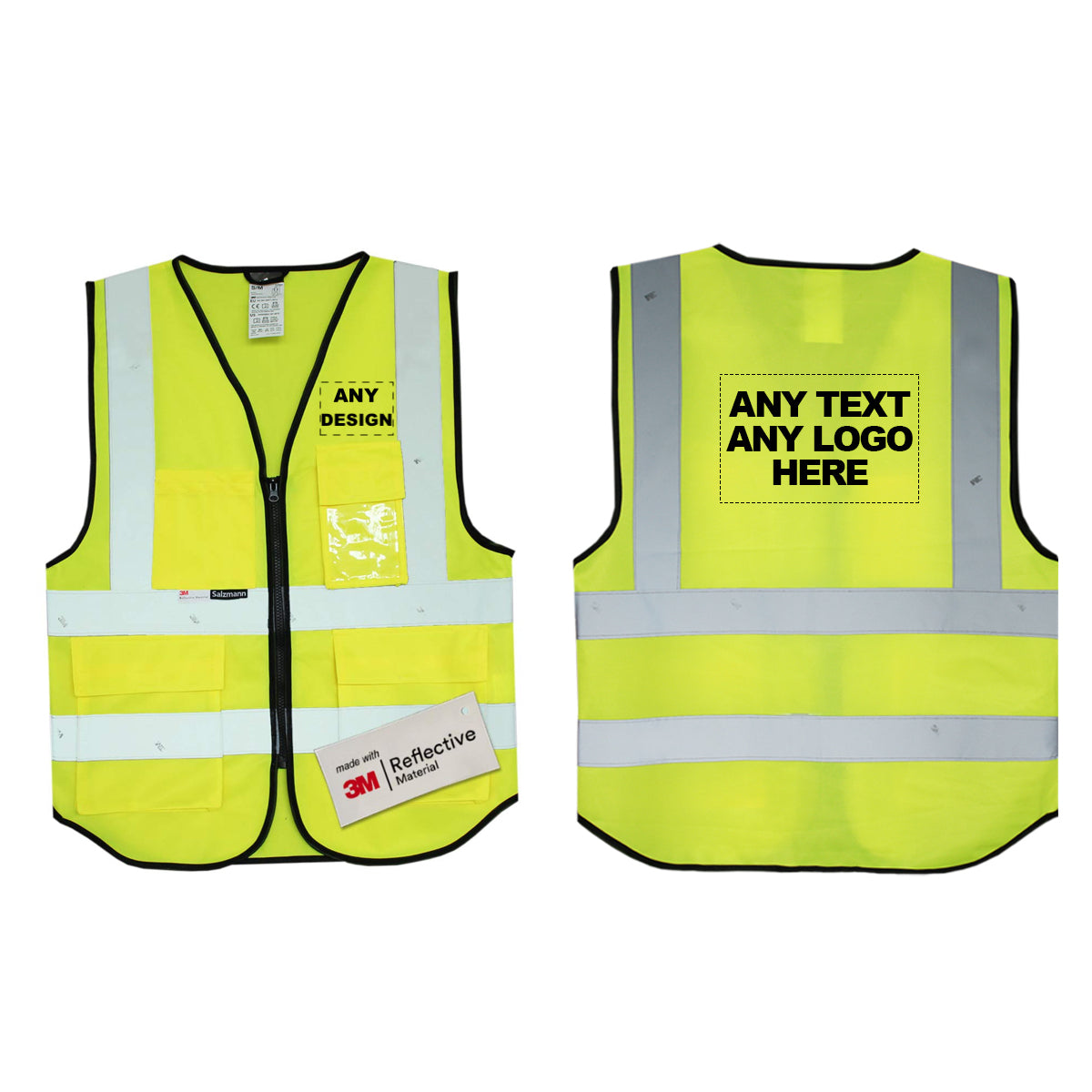 Front and back of yellow safety vest with custom print. 