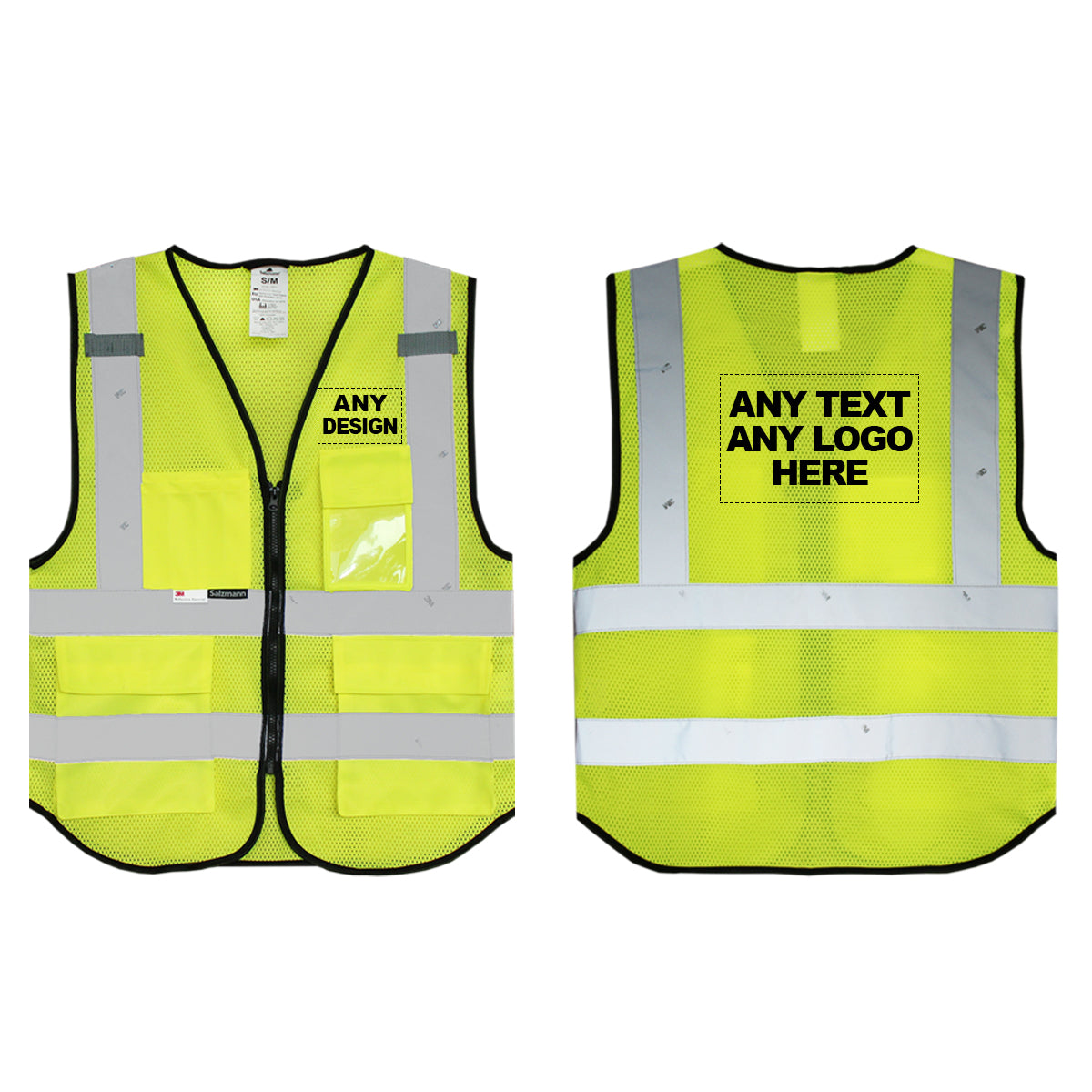 Front and back of yellow mesh safety vest with custom print. 