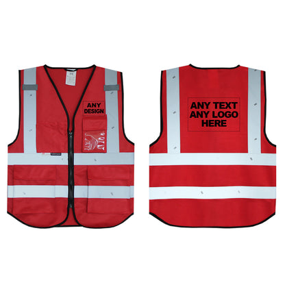 Front and back of red safety vest with custom print. 