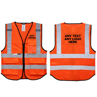 Front and back of orange mesh safety vest with custom print. 