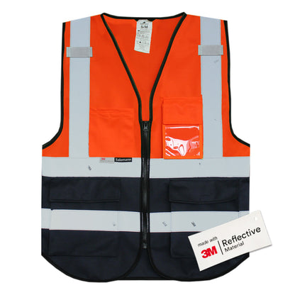 Close up of orange and navy security vest.  