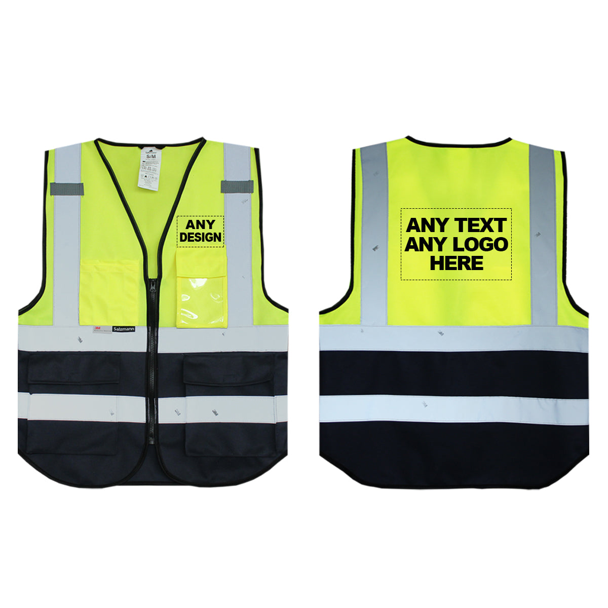 Front and back of yellow and navy safety vest with custom print. 