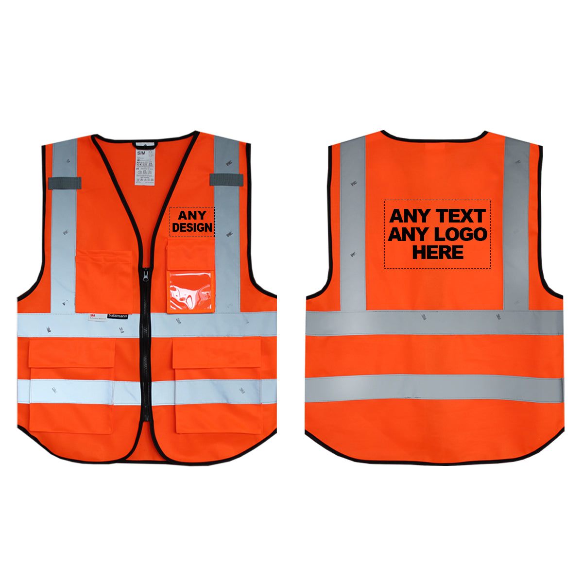Front and back of orange safety vest with custom print. 