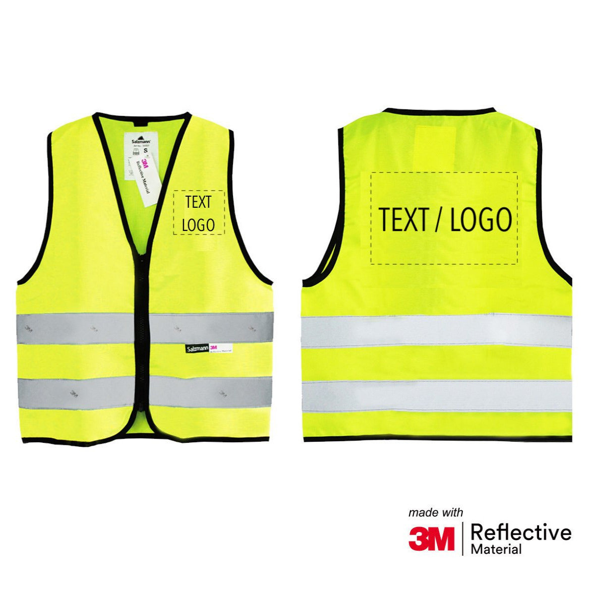 Close up of front and back of yellow children's safety vest with text/logo option. 