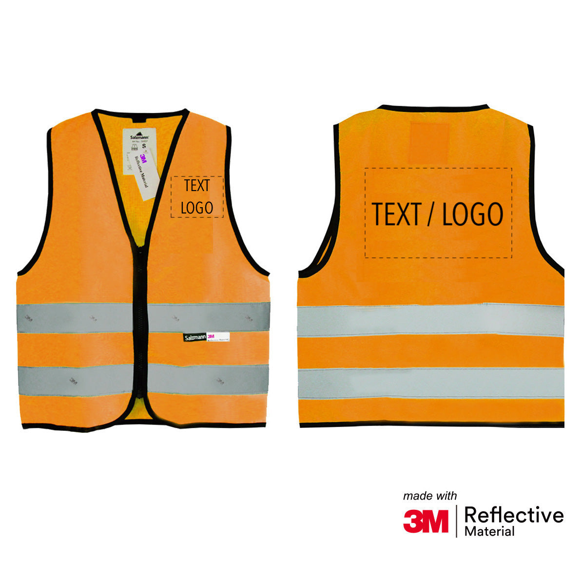 Close up of front and back of orange children's safety vest with text/logo option. 