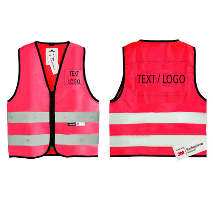 Close up of front and back of red children's safety vest with text/logo option. 