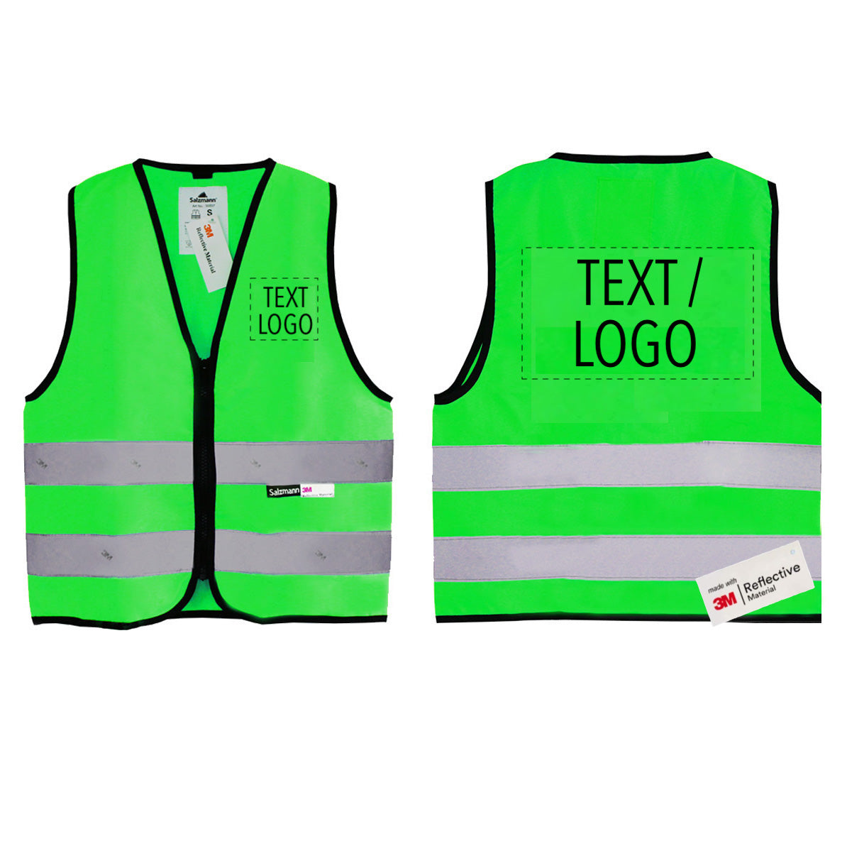 Close up of front and back of green children's safety vest with text/logo option. 