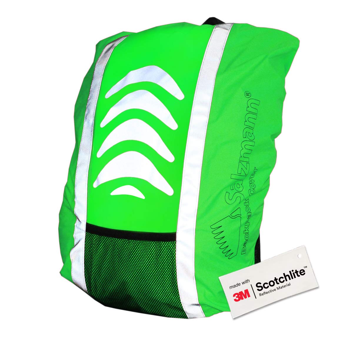 Close up image of green reflective backpack cover. 