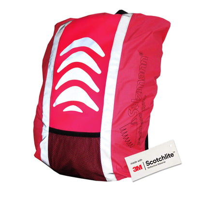 Close up image of red reflective backpack cover. 