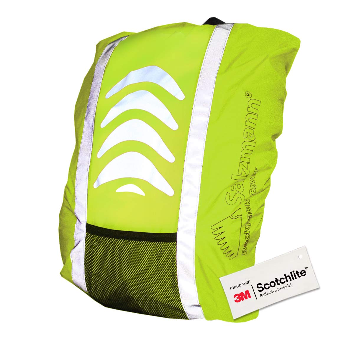 Close up image of yellow reflective backpack cover. 