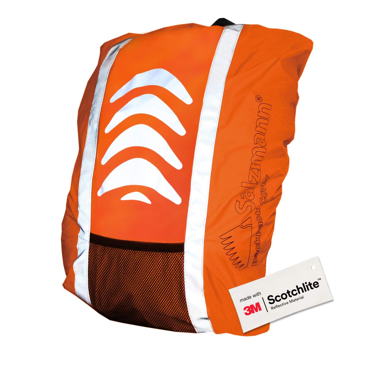 Close up image of orange reflective backpack cover. 