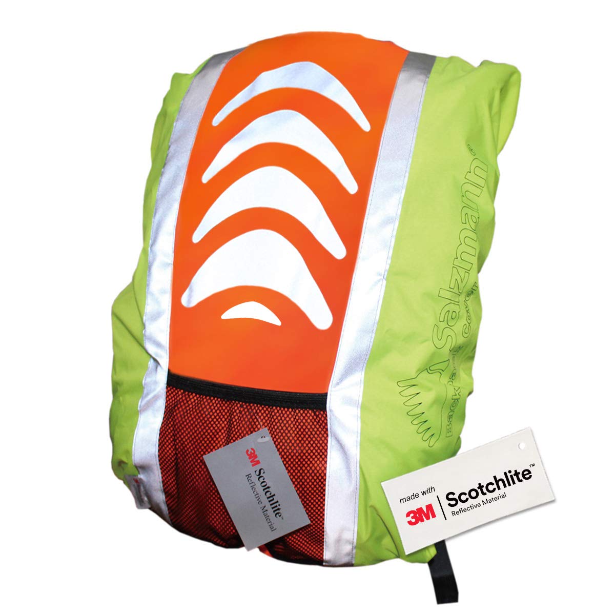 Close up image of yellow and orange reflective backpack cover. 