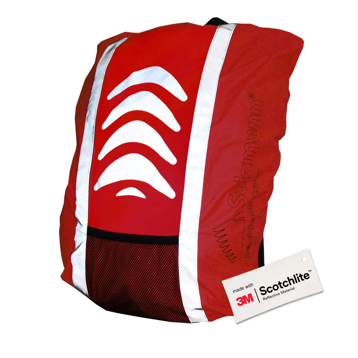 Close up image of red reflective backpack cover. 