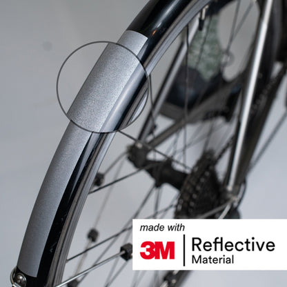 Close up image of silver reflective tape on bike mudguard. 