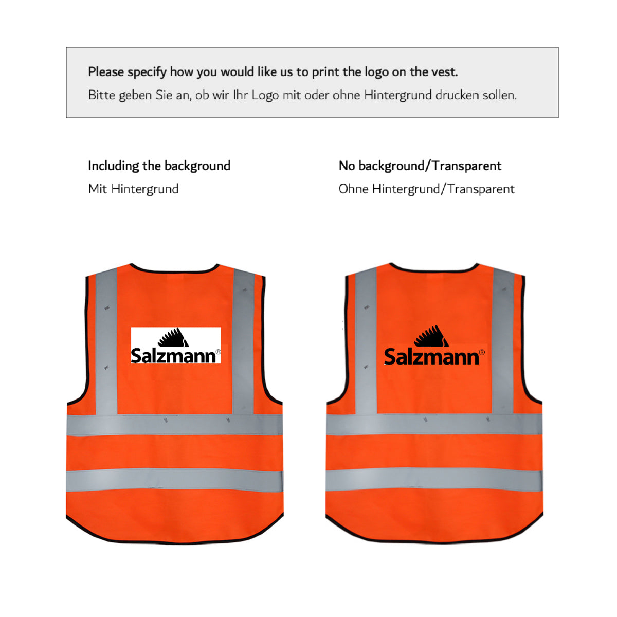 Text with explaination of logo print options and picture of back of safety vest with logo background and picture of back of safety vest without logo background. 